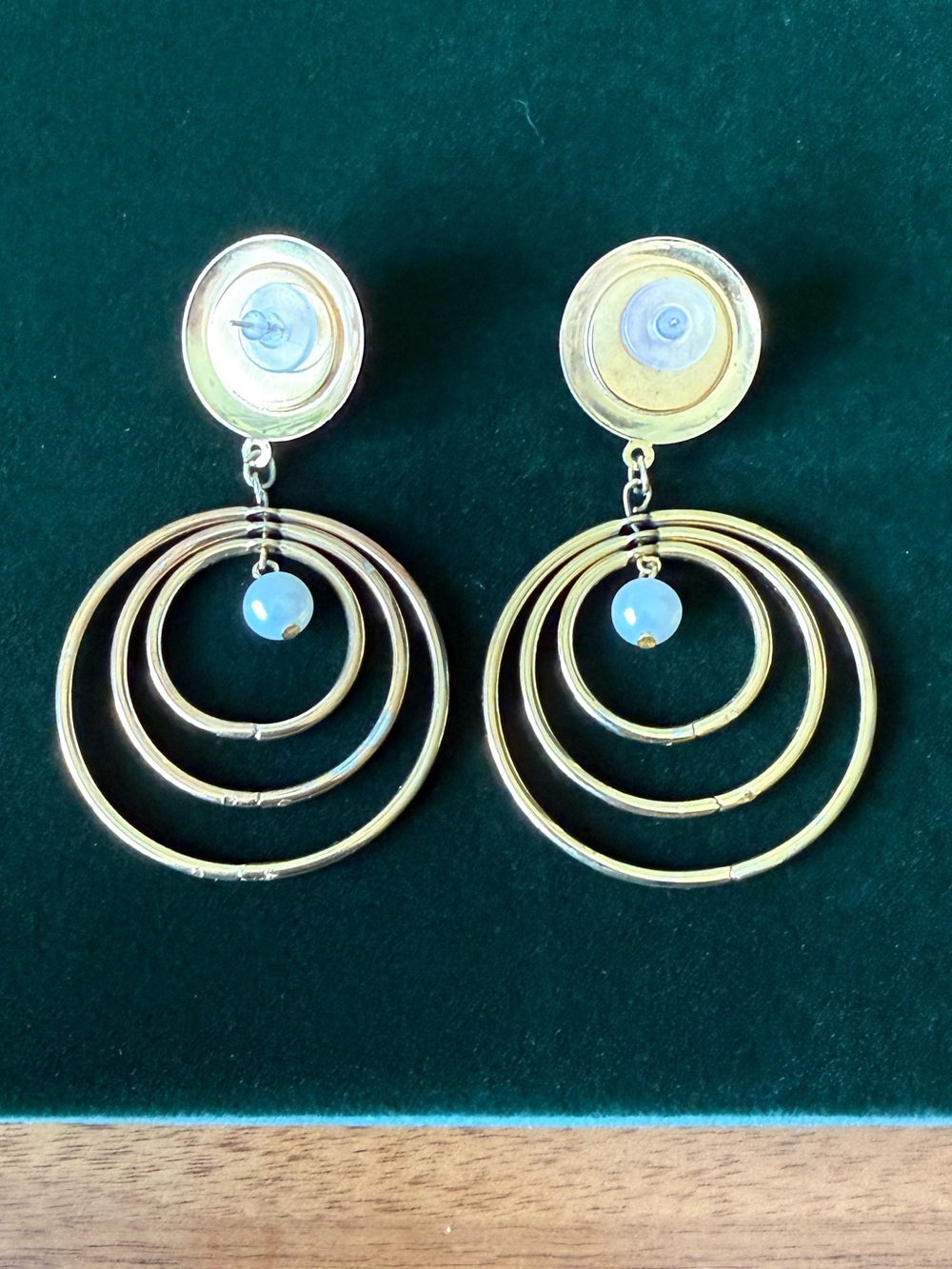 Vintage Gold-tone Concentric Circle Hoops Pearl Cabochon Drop Dangle Earrings - Picture 9 of 10